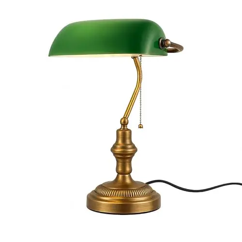 BARCELONA LED Lampe Banquier Vintage E27 avec Abat-Jour en Verre Vert Orientable, Lampe de Bureau Rétro en Métal Finition Laiton Vieilli avec Interrupteur à Chaîne, Lampe de Table Classique