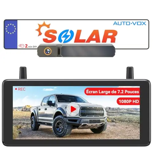 AUTO-VOX DVR 7.2 Pouces Camera de Recul sans Fil Solaire: Installation 2Min Rapide, 1080P HD Vision Nocturne, Étanche IP69K Camera de Recul, pour Voiture, Camion, Camping Car, Van, Buggy