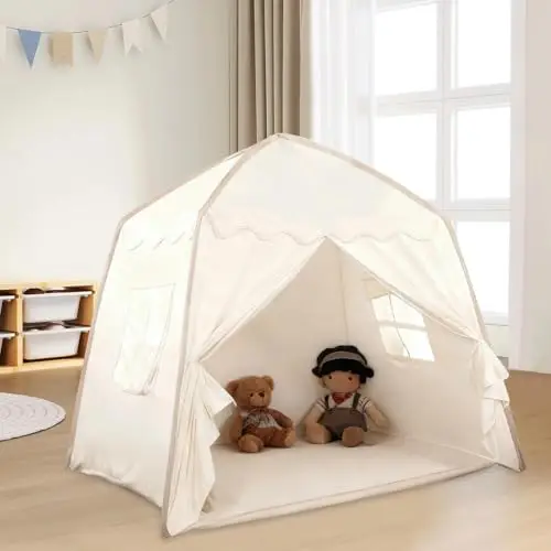 Tipi Enfant Pliable, Tente Interieur avec Coussin de Sol Fenêtres, Princesse d'Intérieur pour Garçons et Filles(130cm × 100cm × 130cm)