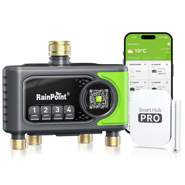 RAINPOINT Programmateur d’Arrosage WiFi 4 Voies avec Passerelle, Arrosage Automatique selon la Météo, 4 Sorties avec Entrée et Sortie en Laiton, Contrôle par Application et Commande Vocale pour Jardin