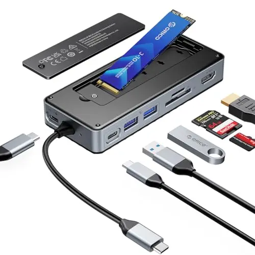 ORICO 8-en-1 Station d'accueil USB C avec Boîtier SSD M.2, Hub USB C avec SSD M.2 NVMe/SATA, Adaptateur Multiports USB 10Gbps, HDMI 4K@60Hz, 100W PD, SD/TF, Docking Station - OM28P