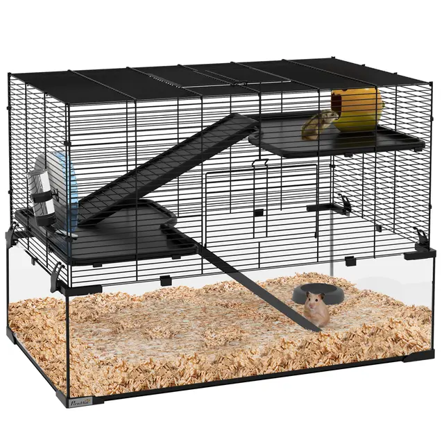 PawHut Cage Hamster, Cage Rongeur, 3 Niveaux avec Roue, rampes, maisonnette, Abreuvoir, mangeoire, 76,5L x 48,5l x 54,5H cm, Noir