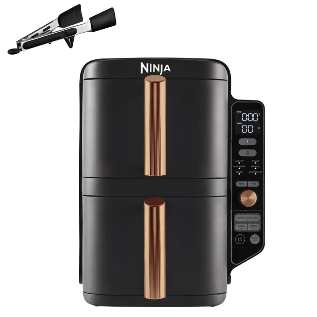 NINJA Double Stack XL Air Fryer 2 Compartiments Verticale, Compact, 4 Niveaux de Cuisson, Capacité de 9,5L, Air Fryer 6-en 1, Pièces Antiadhésives Amovibles Lavables Au Lave-Vaisselle, Noir/Cuivre