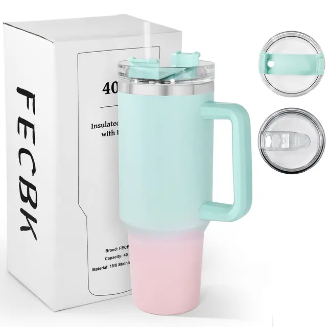 Mug Isotherme avec Paille et Poignée 1.2L, Tasse Isotherme 100% Anti-fuite, 34 Heures Froid, 12 Heures Chaud, Gobelet en Acier Inoxydable, Lavable au Lave-Vaisselle, Bubble Gum