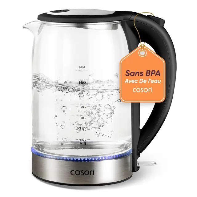COSORI Bouilloire Électrique en Verre, 1,7L, 2200 Watt, Filtre en acier inoxydable, Couvercle intérieur et fond, Ébullition rapide, Arrêt automatique, Protection contre la combustion à sec, Sans BPA