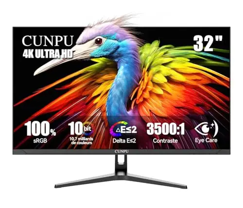 CUNPU Écran PC 32" 4K UHD (3840x2160), Cadre Ultra Slim, FreeSync, 1,07 Milliard Couleurs, 60 Hz, Inclinaison Réglable, Couleurs Ultra Réalistes, 2×HDMI2.0 & 2×DP1.4, VESA 100 * 100mm