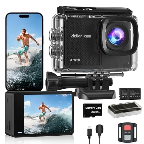 Caméra Sport 4K 60FPS avec Micro SD 64GB,8X Zoom 131ft Caméras Étanche,48MP Caméra d'action EIS,170° Camérasous-Marine Télécommande WiFi 2 * 1350 mAh Divers Accessoires