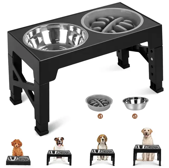 Gamelle Surélevée pour Chien, 4 Hauteurs Réglables, Gamelle INOX et Mangeoire Lente Anti-Glouton, Support Antidérapant Pliable pour Chiens de Toutes Tailles et Chats