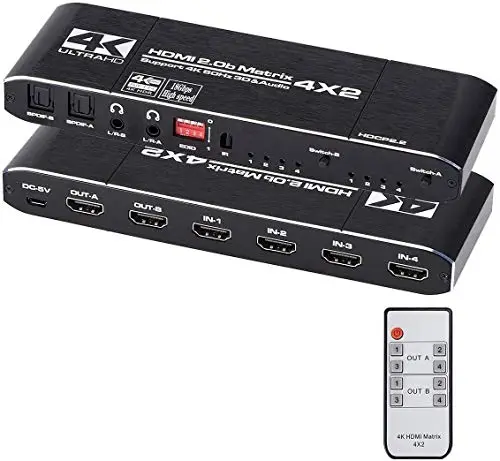 HDMI Matrix 4x2 4K @ 60Hz HDR Switch Splitter 4 en 2 Sorties YUV 4：4：4 Optique SPDIF + Jack 3.5mm Extracteur Audio Commutateur HDMI