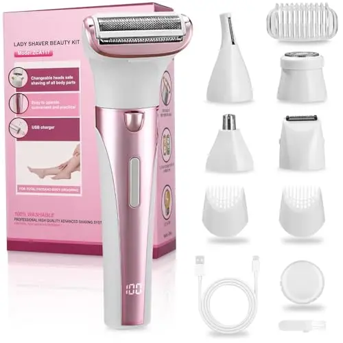 Rasierer Damen, 5-in-1 Epilierer Damen, Intimrasierer für Frauen, USB-Aufladung, Damenrasierer Elektrisch, mit Digitaler Anzeige, Damen Rasierer, für Körper, Achseln, Bikini, Augenbrauen und Nase-Rosa