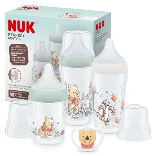 NUK Perfect Match Set de biberons | 0-6+ mois | S’adapte au palais de bébé | 3 biberons anti-coliques et tétine Space | Disney Winnie l’Ourson | 4 pièces