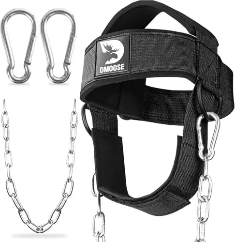 DMoose Fitness Harnais Cervical Pour L'Haltérophilie - Sangle Rembourrée Pour La Tête Et Le Menton Avec Chaîne En Acier Robuste De 76 Cm - Soutien En Cas De Blessure Et D'Entraînements Intense