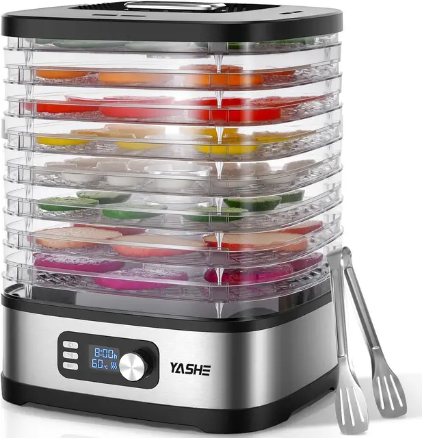 YASHE Deshydrateur Alimentaire 8 Plateaux, 72H Temps & Température, Inclus Feuilles en Maille, Plateau pour Rouleaux de Fruits et Pinces Inox pour Jerky, Fruits, Viande, Légumes, Herbes, Sans BPA