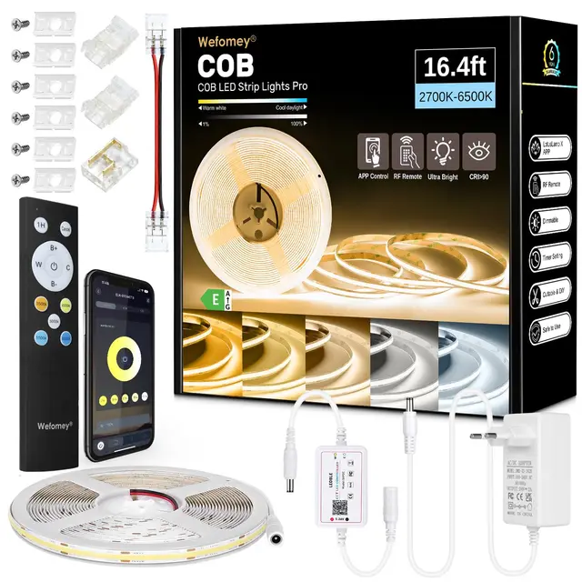 Ruban LED COB 5M, App Control, Bande LED Blanc Chaud Froid 2700K-6500K avec Telecommande et Alimentation, Bande LED 24V Dimmable, 620LEDs/M, CRI>92, , Largeur 8mm, pour Chambre, Décore de la Maison