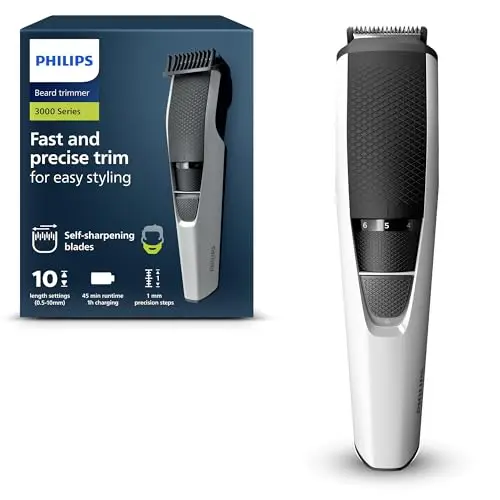 Philips Tonde-barbe série 3000, tondeuse électrique pour hommes, lames auto-affûtantes, système de levage et de finition, réglages de 10 longueurs, 45 min. durée de fonctionnement, modèle BT3206/14