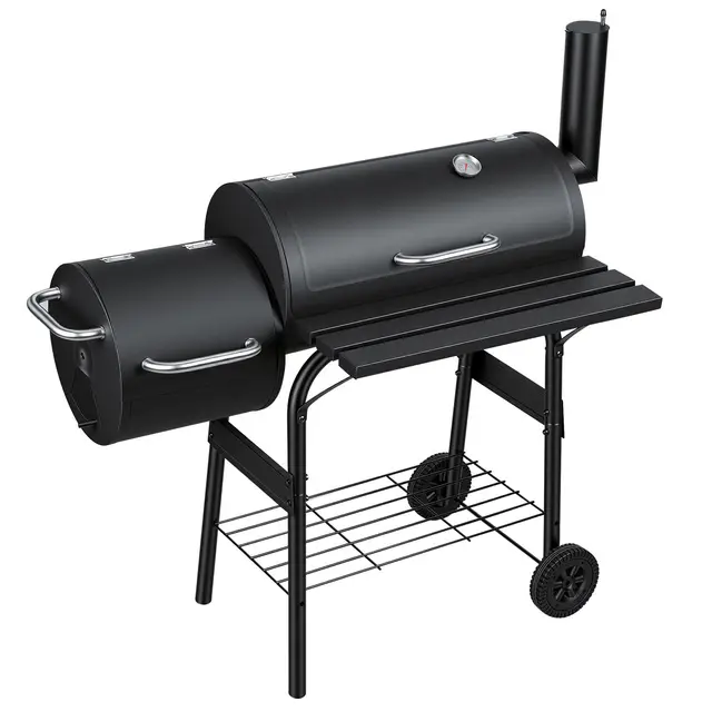 Barbecue à charbon de bois avec 2 chambres, chariot de barbecue avec thermomètre, barbecue fumoir pour griller indirectement et fumer, barbecue de jardin mobile avec étagères, noir