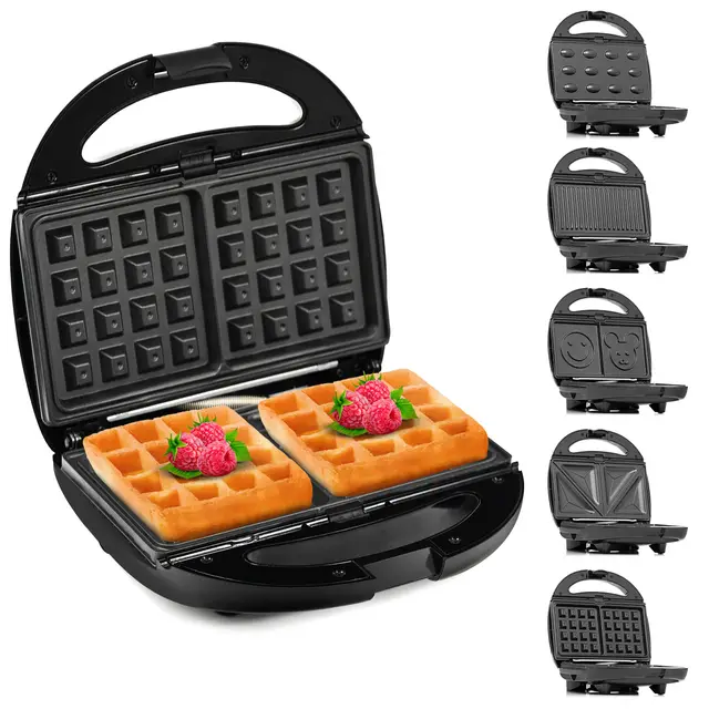 Lehmann Sandwichmaker 5 en 1 avec différentes formes | Gaufrier, grill contact, panini, sandwich, gâteaux sucrés | Comprend 5 ensembles de plaques antiadhésives | 800 W