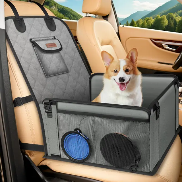 Siège Auto Chien Sécurisé Imperméable et Anti-Griffes, Filet de Rangement et Ceinture Sécurité Adjustable, Installation Facile sur Siège Passager pour Chiens de Petite et Moyenne Taille, Gris