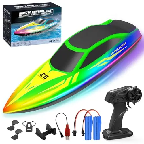 WUQNGI Bateau Télécommandé Enfant et Adulte, RC Bateau 2,4 GHz avec Lumières LED, 2 Piles Rechargeables Bateau Radiocommandé Électrique, Jouet Aquatique pour Piscines et Lacs, Cadeau Garçon Fille