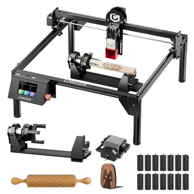 LONGER Ray5 Graveur Laser Professionnel, Machine de Gravure et Découpe CNC avec Assistance d’Air et Rouleau Rotatif, pour Bois, Métal, Acrylique et Verre, 5W, 400 × 400 mm