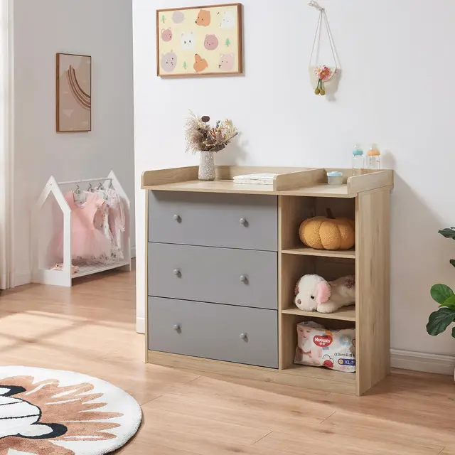 [en.casa] Commode à Langer avec Plan à Langer Amovible Bébé 3 Tiroirs 3 Étagères Meuble de Rangement Compacte Confortable avec Surélévations Latérales MDF 93 x 110 x 55 cm Effet Chêne Gris