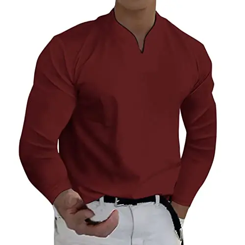 T-shirt de golf à manches longues pour homme - Style vintage - Sweatshirt de course - Doux - Manches longues - Couleur unie - Avec col en V - T-shirt d'entraînement