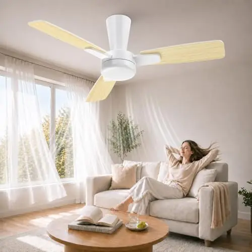 106cm Ventilateur Plafond avec Lumière Silencieux, Pale à Encliquetage, Plafonnier Ventilateur avec Telecommande et LED Dimmable Lampe pour Chambre Salon, 6 Vitesses, Moteur DC Réversible