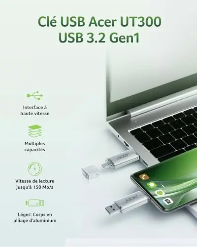 Acer Clé USB UT300 64 Go USB 3.2 Gen1, jusqu'à 150 Mo/s, avec Double Port Type-A & Type-C Flash Drive pour PC/Ordinateur Portable/MacBook/Smartphone