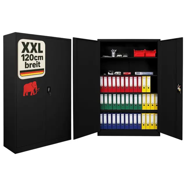 PROREGAL Armoire à Portes battantes Elephant classeur métallique verrouillable 2 Portes 180x120x40cm 4 Niveaux en Acier Noir