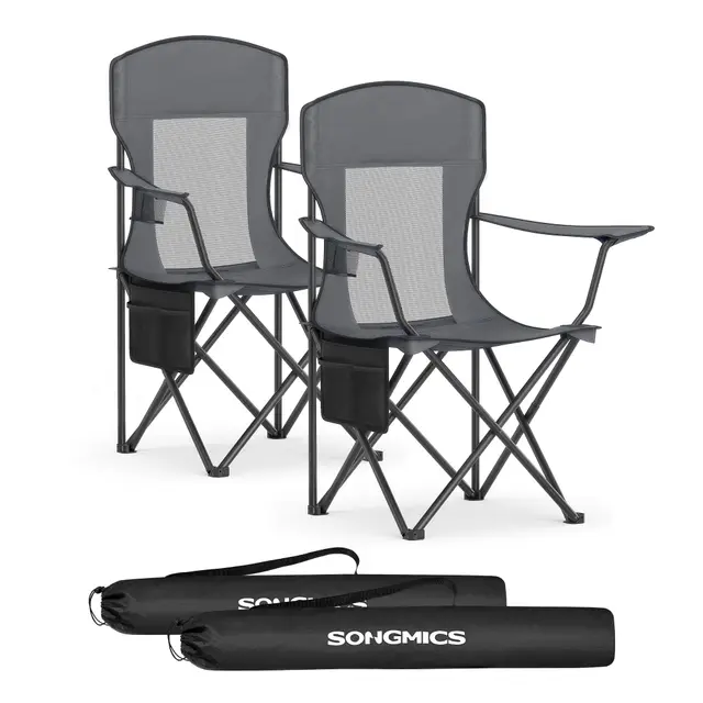 SONGMICS Chaises de Camping Respirantes, Lot de 2, Pliantes, Dossier Haut, Accoudoirs Réglables, Porte-Gobelet, Supporter Jusqu'à 150 kg, pour Jardin, Sport en Plein Air, Gris Ardoise GCB028G01