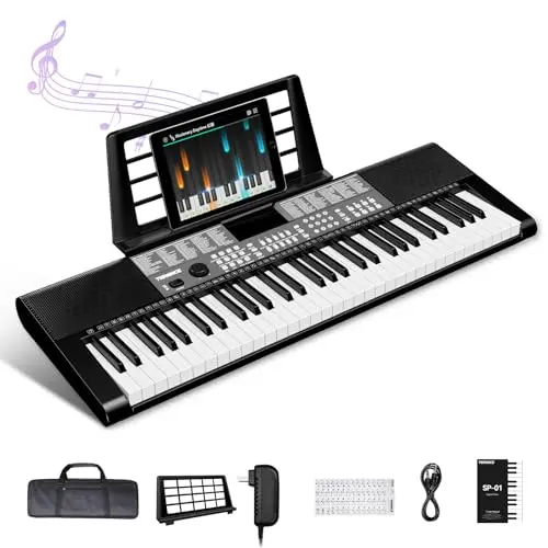 TERENCE Piano Numérique 61 Touches Double Haut-parleur HiFi Clavier Piano avec 51 Touches de Fonction Affichage LED Double Clavier 2 Options d'alimentation Support pour Casque et Microphone