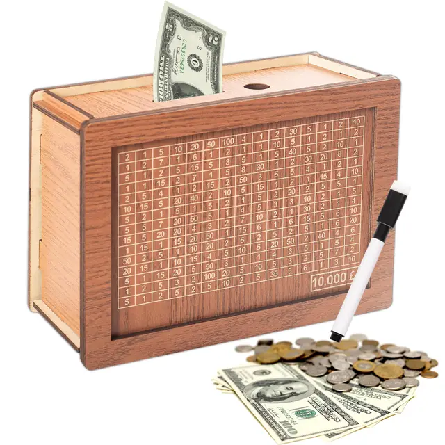 Tirelire en bois avec comptoir, caisse à monnaie en bois avec stylo effaçable, tirelire décorative en bois pour la maison, adultes et enfants