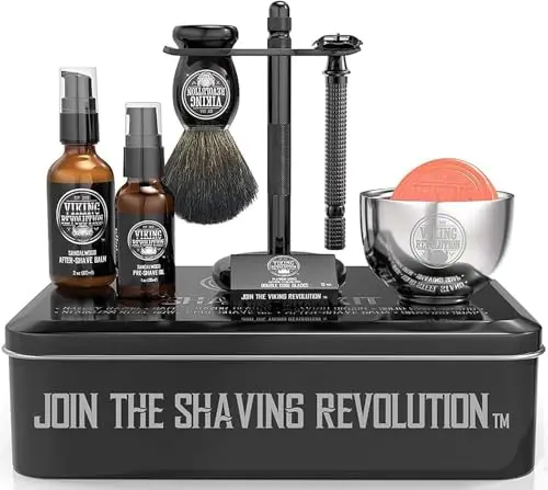Viking Revolution - Kit Rasage Homme Complet de Luxe - Comprend un Rasoir de Sécurité, un Support, un Bol, un Baume Après-Rasage, une Huile Avant-Rasage & un Blaireau - Cadeau Homme