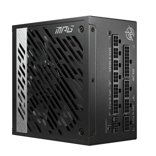 MSI MPG A1000G PCIE5 Bloc d'alimentation Prise EU, 1000W, Certifié 80 Plus Gold, ATX 3.0 100% Modulaire, Support GPU PCIe 5.0, Condensateurs Japonais 105°C, Mode 0 RPM, Câbles Plats - Garantie 10 Ans