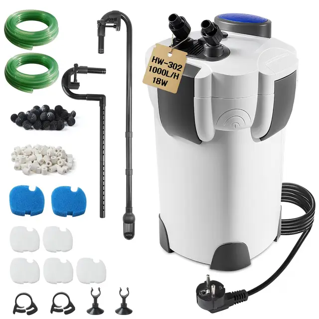 EXLECO Filtre Extérieur Aquarium 1000L/H 18W Pompe Externe D'aquarium Réglable avec Matériau Filtrant, Filtre Bassin Poisson Silencieux avec 3 Étapes de Filtration pour Réservoir Jusqu'à 300 L HW-302