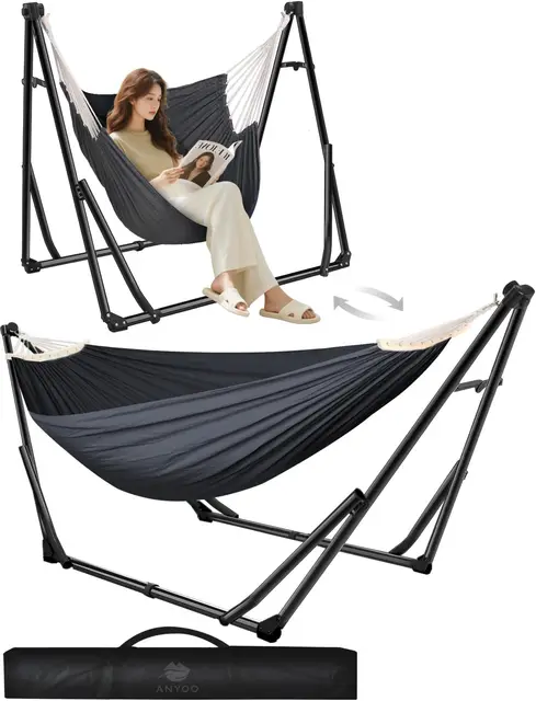 ANYOO Hamac et Chaise avec Support, Double Usage Support de Hamac Pliable pour Intérieur et Extérieur