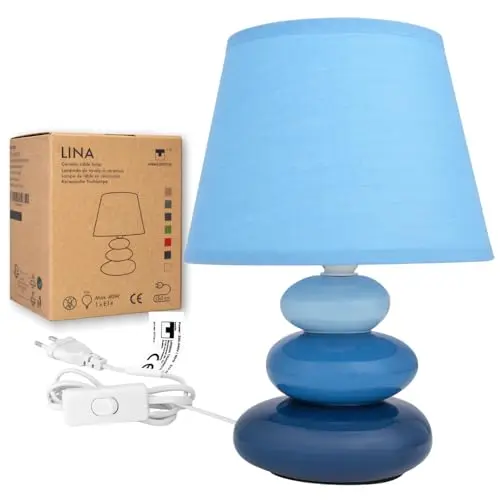 Urban Lifestyle Lampe de Chevet Lina (Bleu) Lampe de Table, Canapé en Céramique Avec Abat-Jour en Tissu, Compatible LED, E14, 230V, [Classe Energétique A+++]