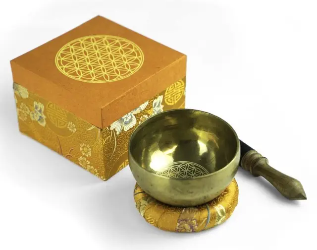 Klangschalen-Set mit Gravur Blume des Lebens Größe L: Traditionelle Klangschale mit Gravur Blume des Lebens