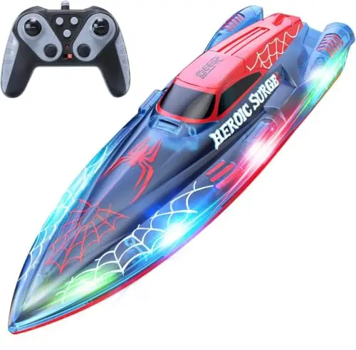 DEERC Bateau Télécommandé, RC Bateau Telecommandé Enfant 2,4 GHz avec Lumières LED, Alarme de Batterie Faible, Piscines et Lacs Jouet Aquatique d'été pour garçons de 8 à 12 Ans, 2 Piles