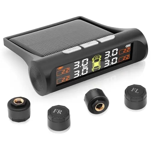 TPMS Système de Surveillance de la Pression des Pneusà,Charge Solaire/USB, Alertes Température,Auto on/Off - Compatible Camping-Car/Berline/SUV/MPV/Remorque (4 Capteurs Externes 3.5 Bar)