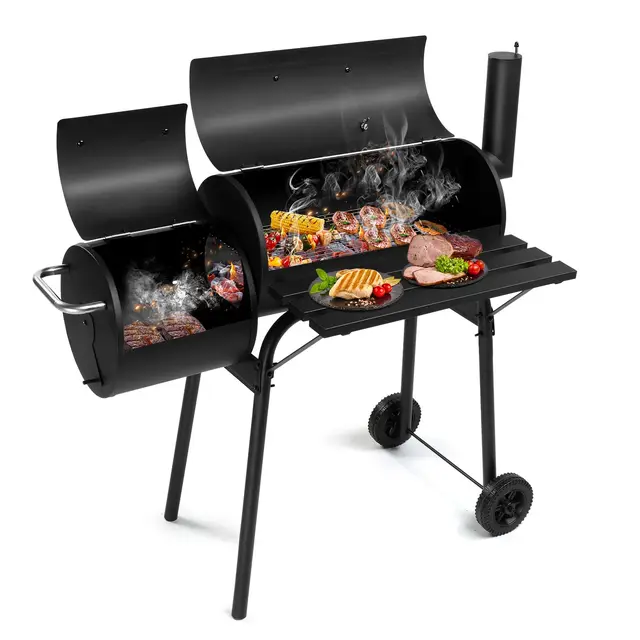 LEADZM Barbecue Charbon de Bois avec grande grille de cuisson–Double foyer,Chariot de barbecue mobile haut de gamme - Fumoir en métal pour jardin et terrasse, 111x54x93 cm