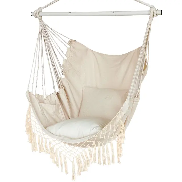 Chaise hamac, siège Suspendu avec 2 Coussins, Chaise Suspendue en macramé avec Poche latérale et Tige métallique à Haute capacité de Charge, pour l'intérieur et l'extérieur.