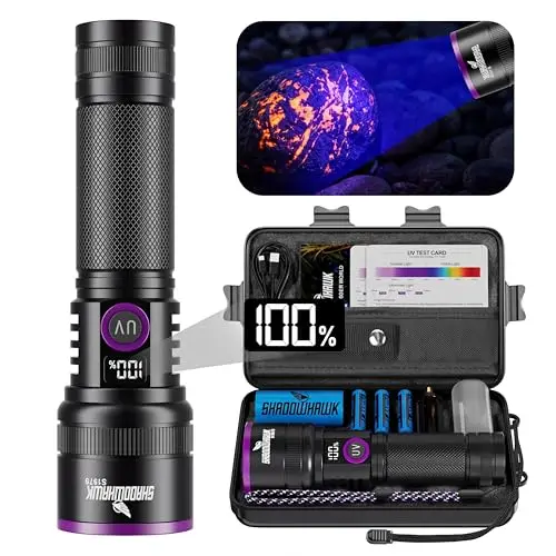 Shadowhawk 365nm Lampe Torche UV Avec Lentille Filtrante - 30W Lumiere Noire 4-Cœurs Lampe Ultraviolet Rechargeable, Alliage D'aluminium Lampe Wood pour Détecteur d'Urin/Roche/Fluorescéine/Banknotes