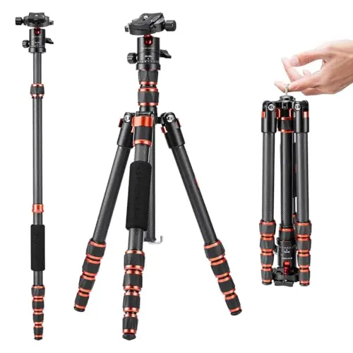 K&F Concept Trepied Carbone Monopode Appareil Photo 153cm, Trépied Professionel Compact A225C0 pour DSLR, Trepied Voyage Leger 5 Sections avec Rotule Metal Sac Transport Inclus Max:8kg