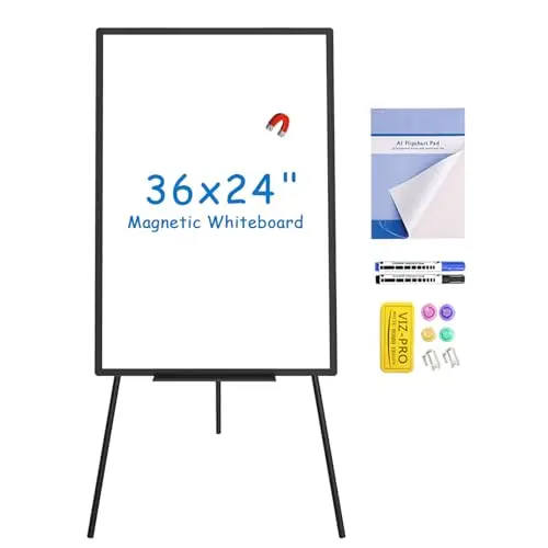 VIZ-PRO Tableau Blanc Magnétique sur Pied 90x60 cm Noir, Hauteur Réglable, Portable Léger, Effaçable à Sec, pour Bureau, École, Maison
