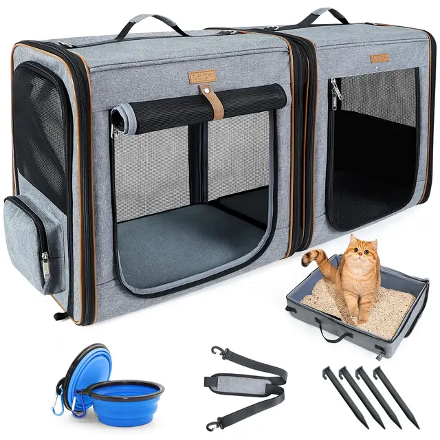 Lekeinchi Boîte De Transport 2 en 1 pour Chien Et Chat avec Cadre en Fibre Solide, Pliable Et Adaptée Comprenant Une Litière pour Chat, 2 Bols Et 2 Tapis pour Animaux - Gris