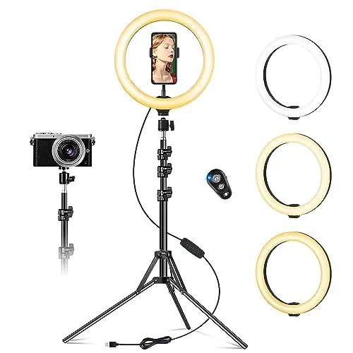 10" Ring Light avec Trépied Grand, Anneau Lumineux Selfie pour Youtube/Live Stream/Maquillage, LED Light Ring pour Vidéo/Photo, Réglable Anneau Lumière avec 3 Modes d'Eclairage et 10 Niveaux
