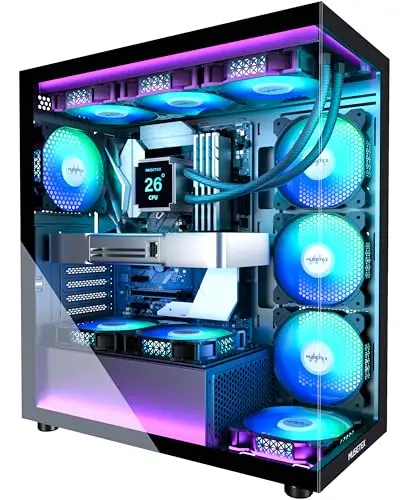 MUSETEX Boitier PC ATX pré-Installation 7 Ventilateurs PWM ARGB, Boîtier ATX Mid Tower avec Double Verre panoramique, Boitier PC Gamer de Jeu de Type C, Noir (K2)