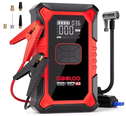 GOOLOO A3 Démarreur de Batterie Voiture 3000A avec Compresseur 150 PSI et Power Bank, Booster Portable pour Véhicules 12V (Jusqu'à 9.0L Essence/6.5L Diesel), Écran Digital et LED
