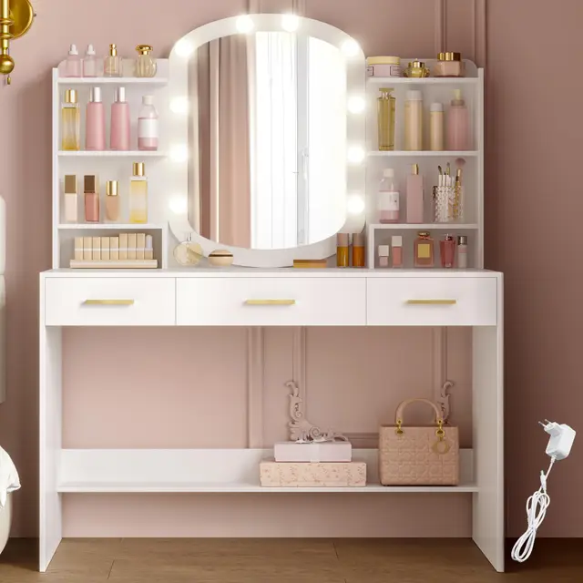 HEXCELEN 108 cm Coiffeuse avec Miroir Ovale, Coiffeuse avec Miroir LED à Luminosité Réglable, Table de Maquillage, 3 Tiroirs avec 6 Étagères Ouverts, Blanc